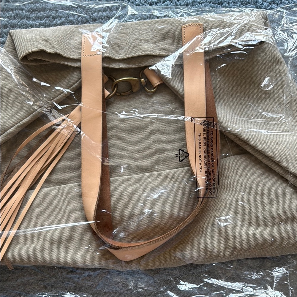 Beige Canvas Tote Bag with Tan Leather Straps